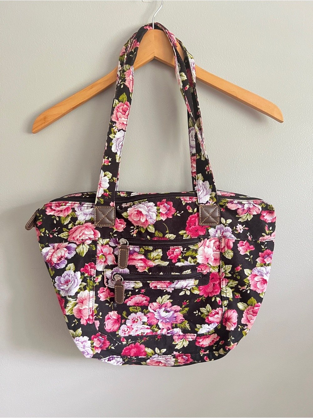 Floral Canvas Tote Bag - Black with Pink Rose Print